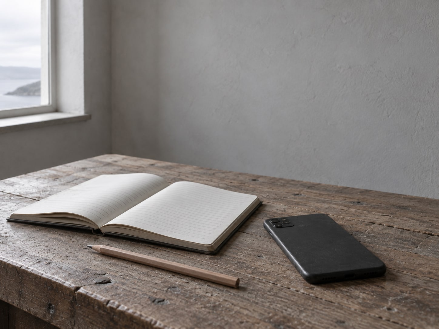 A smartphone lying face down beside an open notebook with blank ruled pages and a sharpened pencil on a wooden desk.