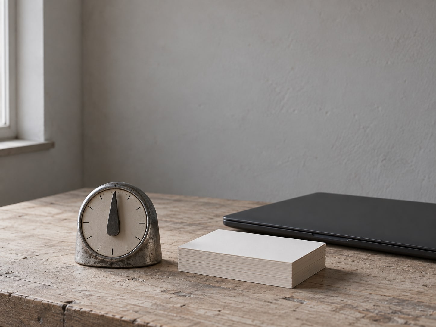 A small kitchen timer next to a neat stack of blank index cards and a closed laptop on a pale desk.