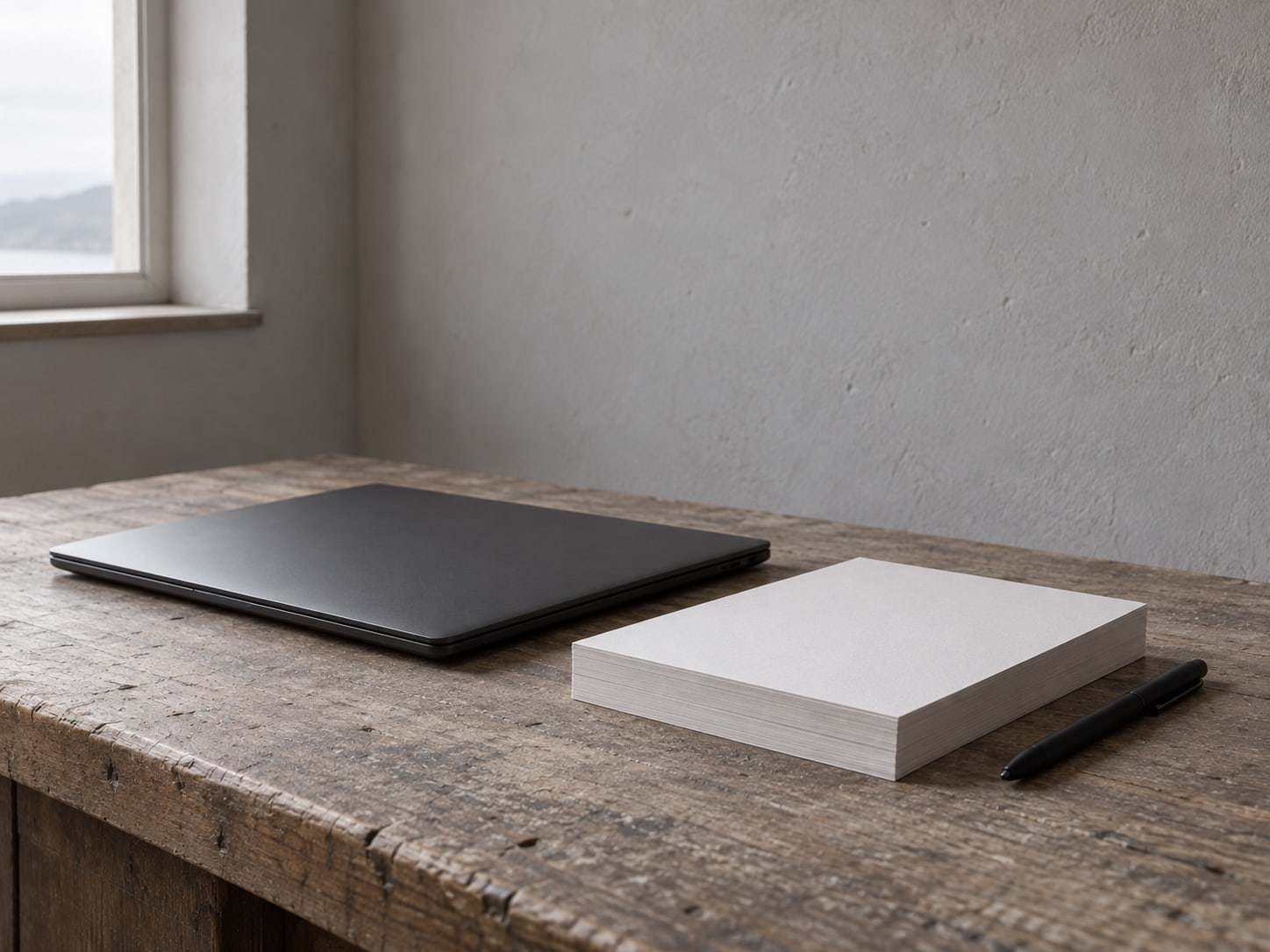 Un escritorio ordenado con una laptop cerrada, una pila cuadrada de papel en blanco y una pluma colocada con cuidado a un lado.