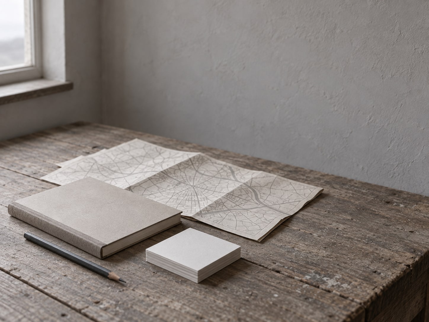 Un cuaderno cerrado, un lápiz y una pequeña pila de fichas en blanco sobre un escritorio de madera desgastado junto a un mapa de calles de papel doblado.