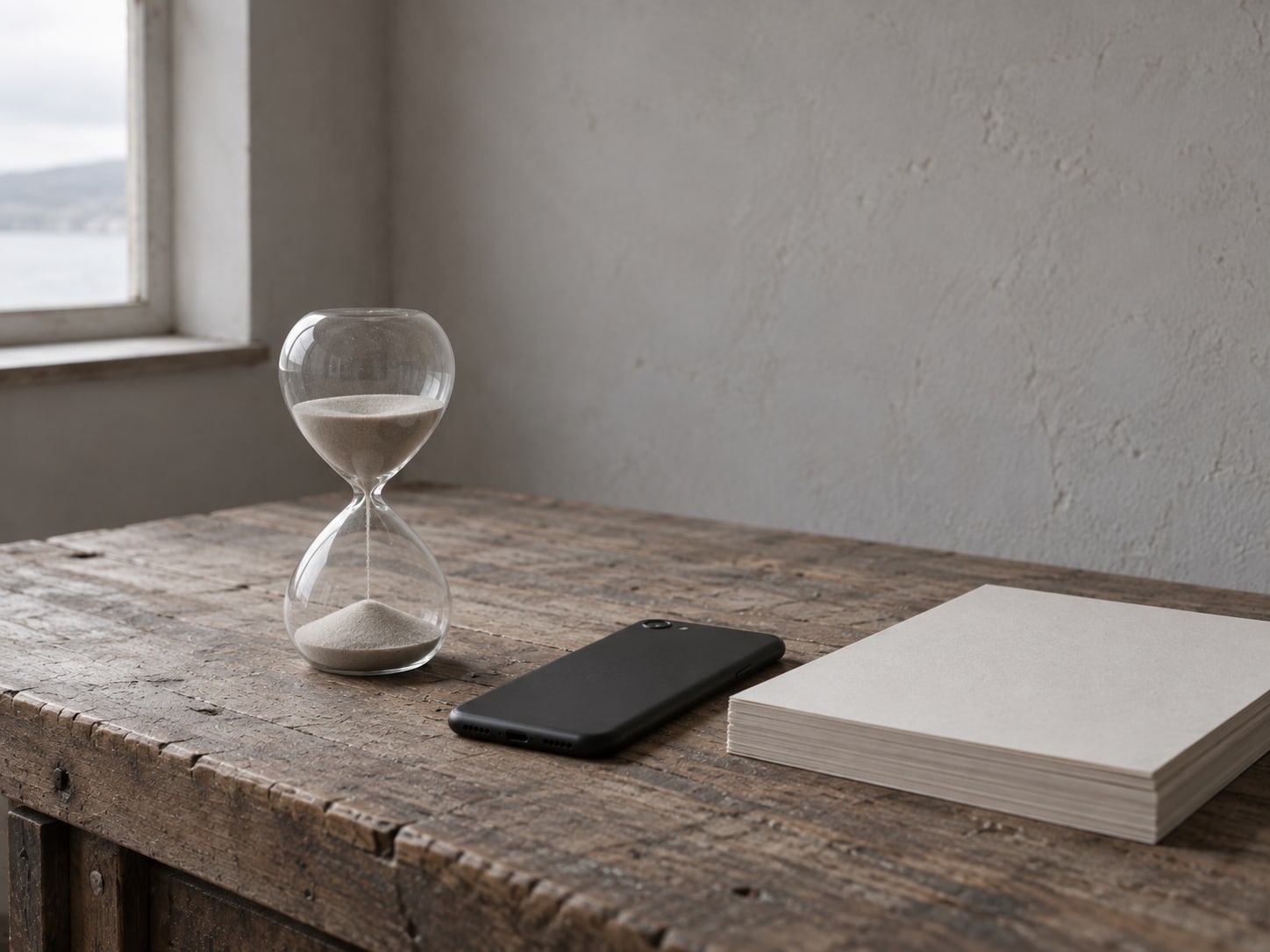 Un reloj de arena sobre un escritorio de madera junto a un teléfono boca abajo y una pila ordenada de papel en blanco.