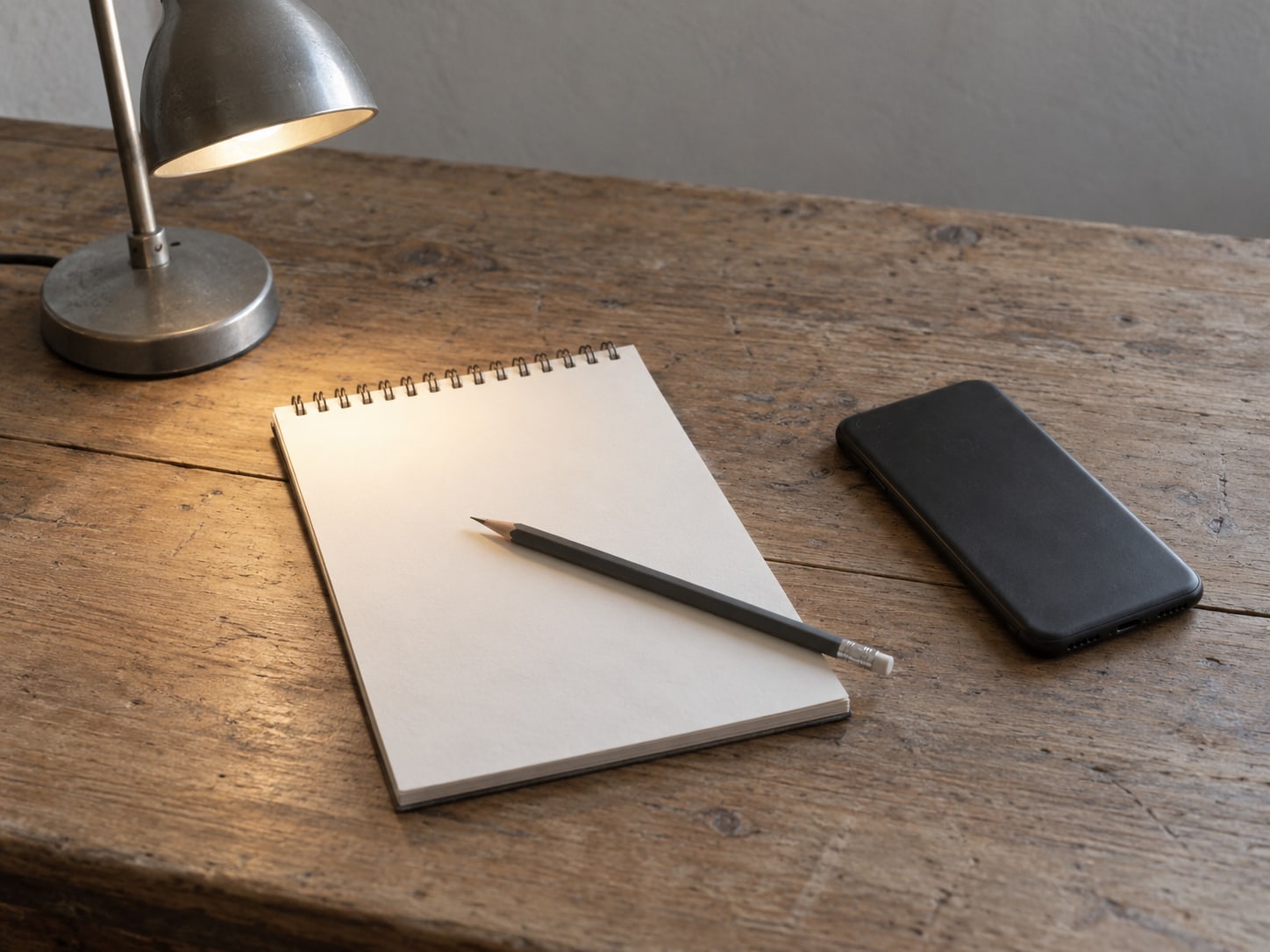 A small desk lamp lighting a blank notepad with a pencil lying across it, next to a switched-off phone.