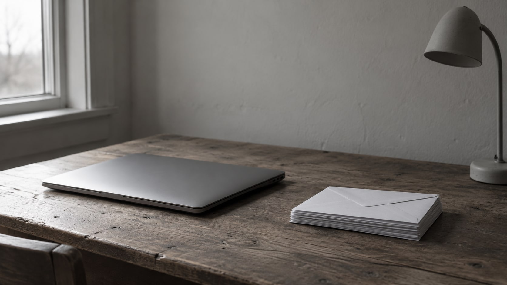 A closed laptop and a stack of unopened envelopes on a worn wooden desk beside a small desk lamp.