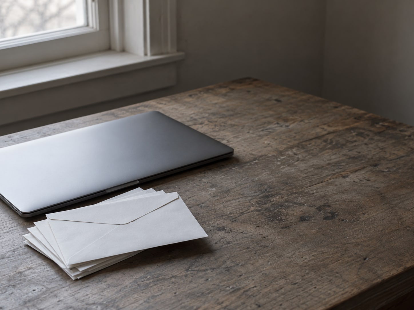 A closed laptop beside a small stack of unopened envelopes on a worn wooden desk.