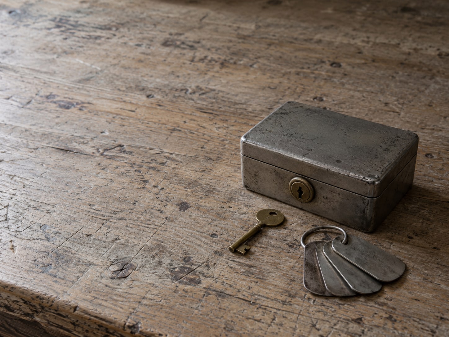 A locked metal box, a small brass key and a ring of blank tags on a workbench.