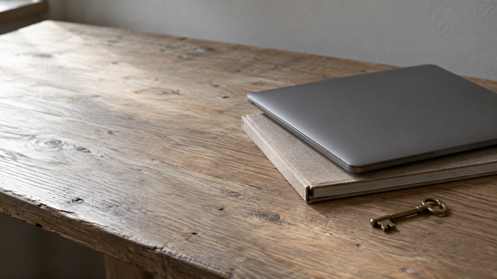 A closed laptop, a slim binder and a brass key resting on a tidy wooden desk in soft morning light.
