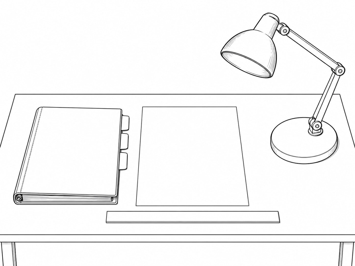 A slim binder with blank tabs, a sheet of plain paper and a ruler lined up on a table beside a desk lamp.