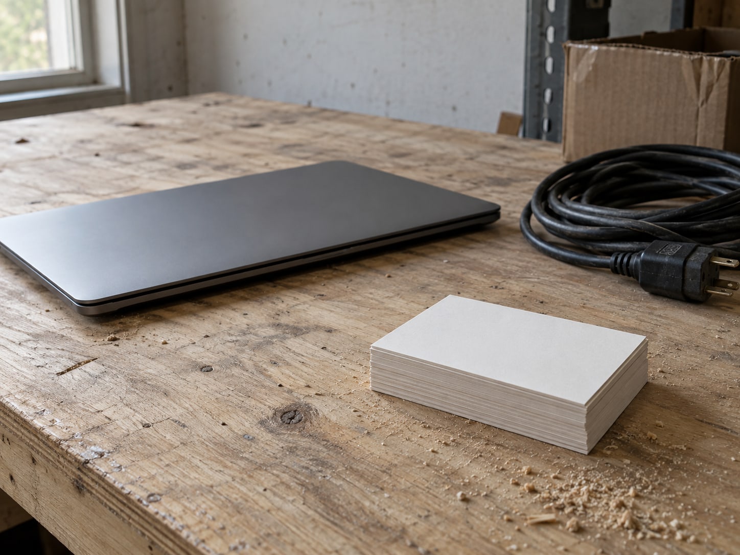 A closed laptop beside a stack of blank business cards and a coiled extension cord on a garage workbench.