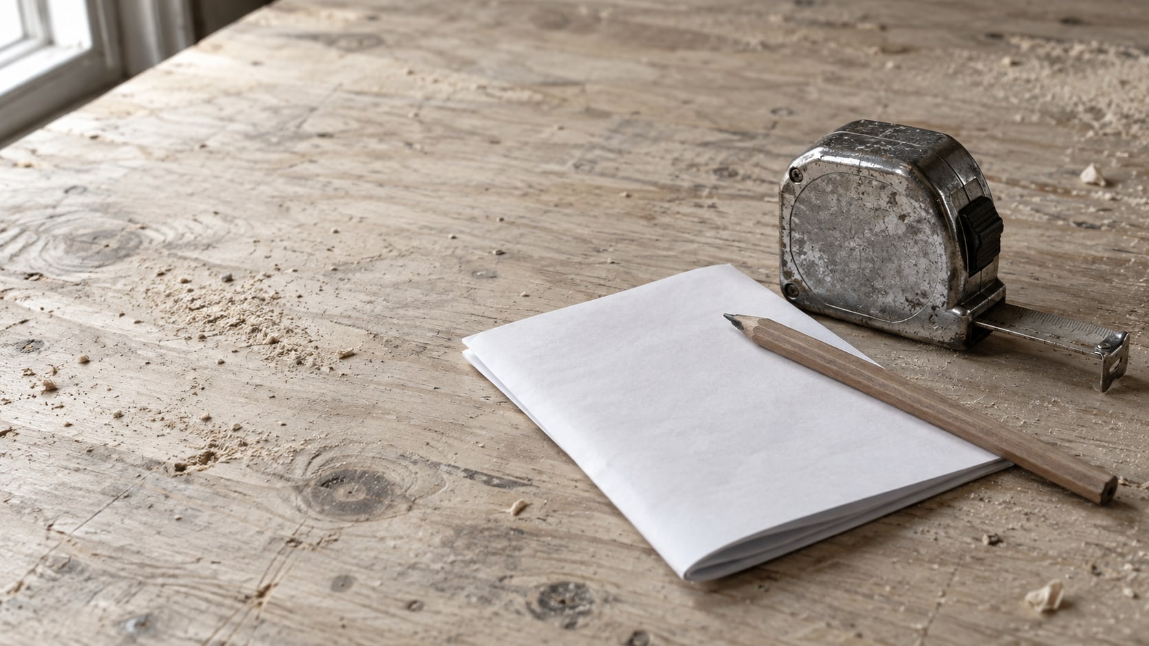 A weathered metal tape measure and a pencil resting on a blank folded work order on a plywood workbench.