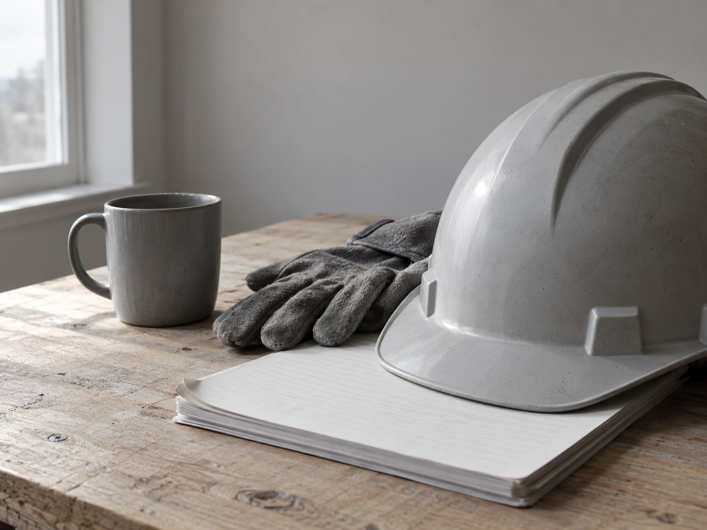 A hard hat and a pair of work gloves set on a stack of blank lined paper next to a ceramic mug.