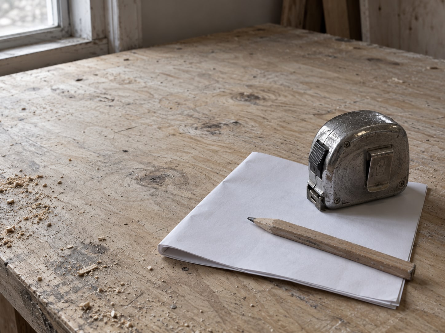 A weathered metal tape measure resting on a folded blank work order beside a pencil on a plywood bench.