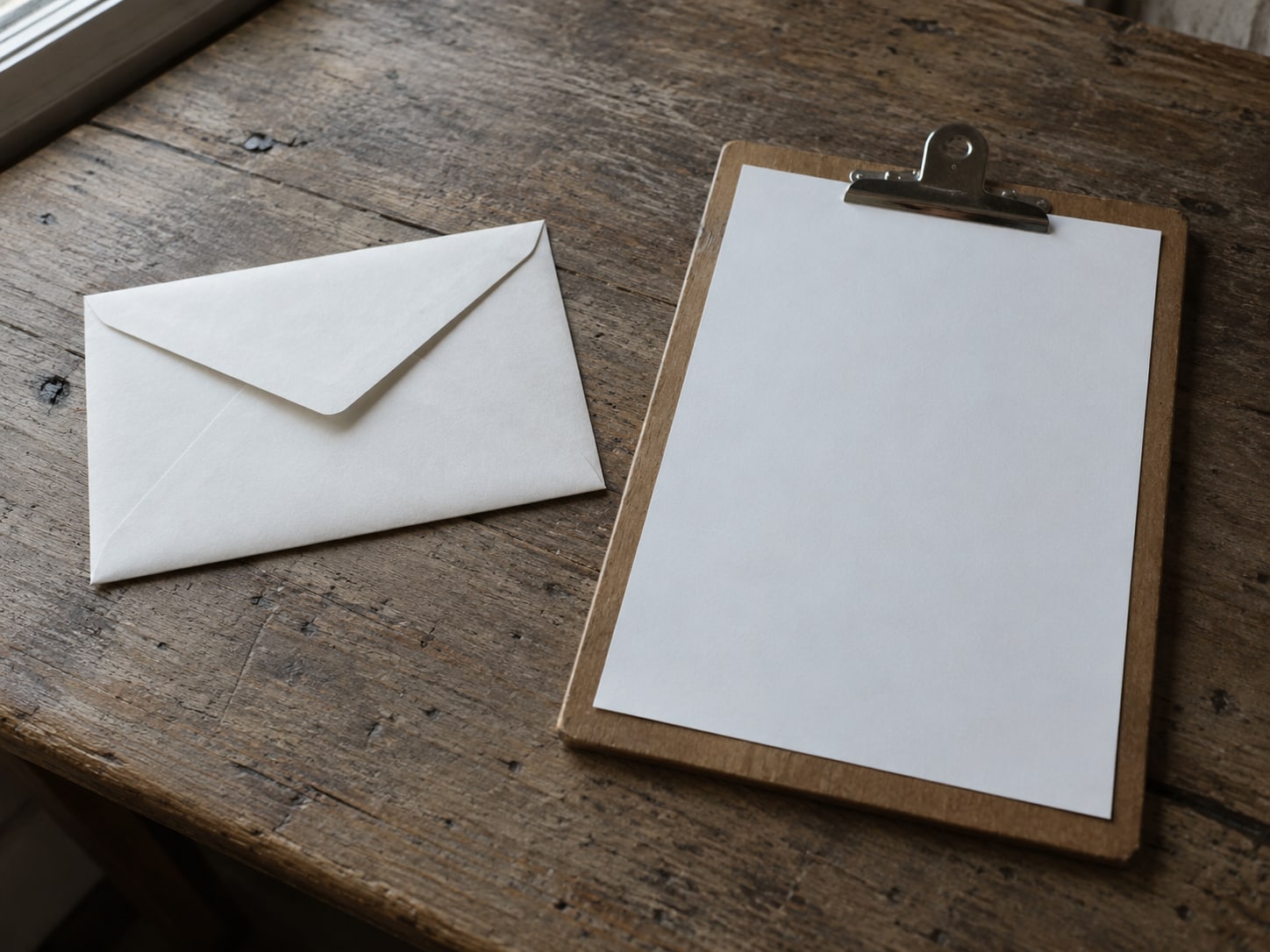 A sealed envelope and a blank sign-up form clipped to a wooden board on a desk.