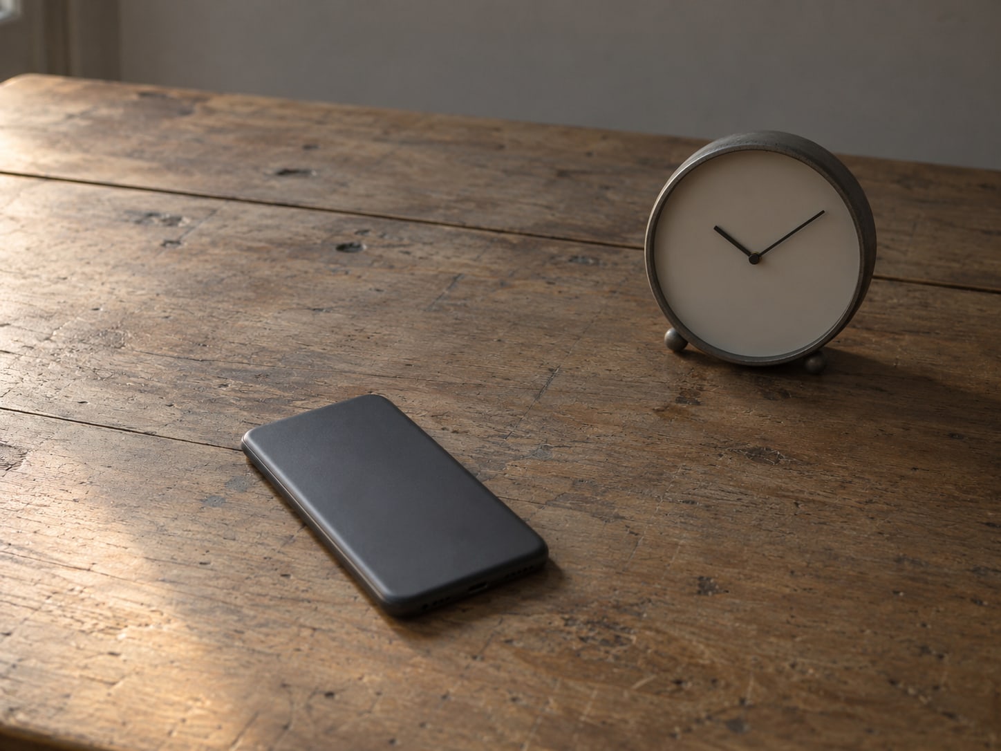 A closed smartphone and a small desk clock on a wooden desk in warm evening light.