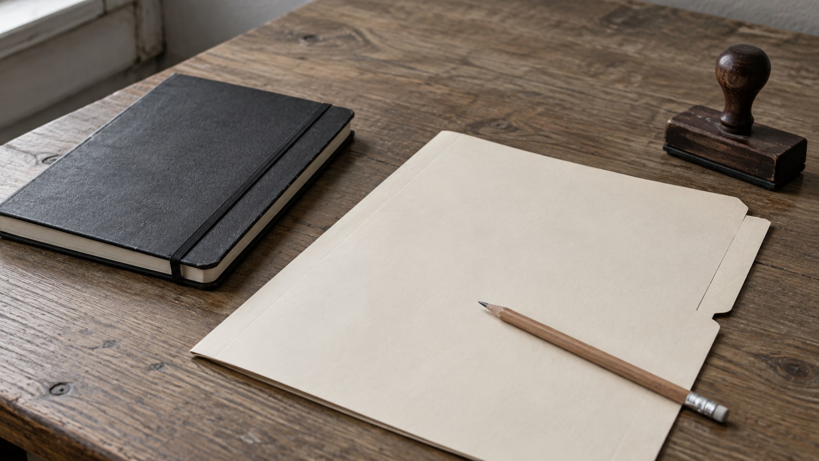 A closed notebook, a blank folder and a pencil on a plain wooden desk beside a rubber stamp.