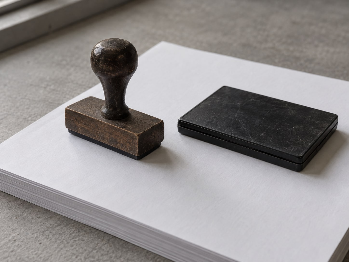 A rubber stamp and a closed ink pad resting on a stack of blank paper.