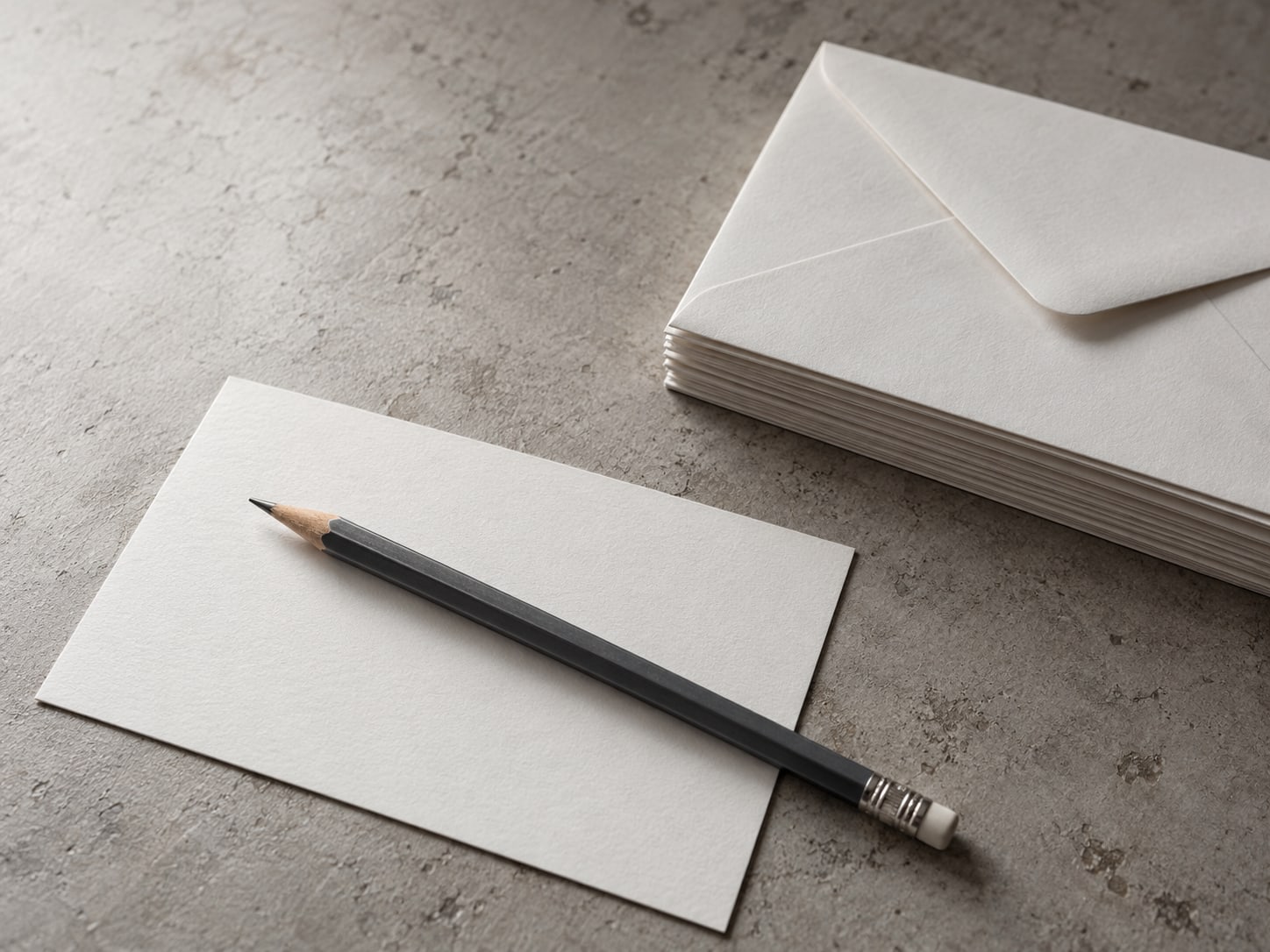 A pencil lying across a blank index card beside a small stack of unmarked envelopes.