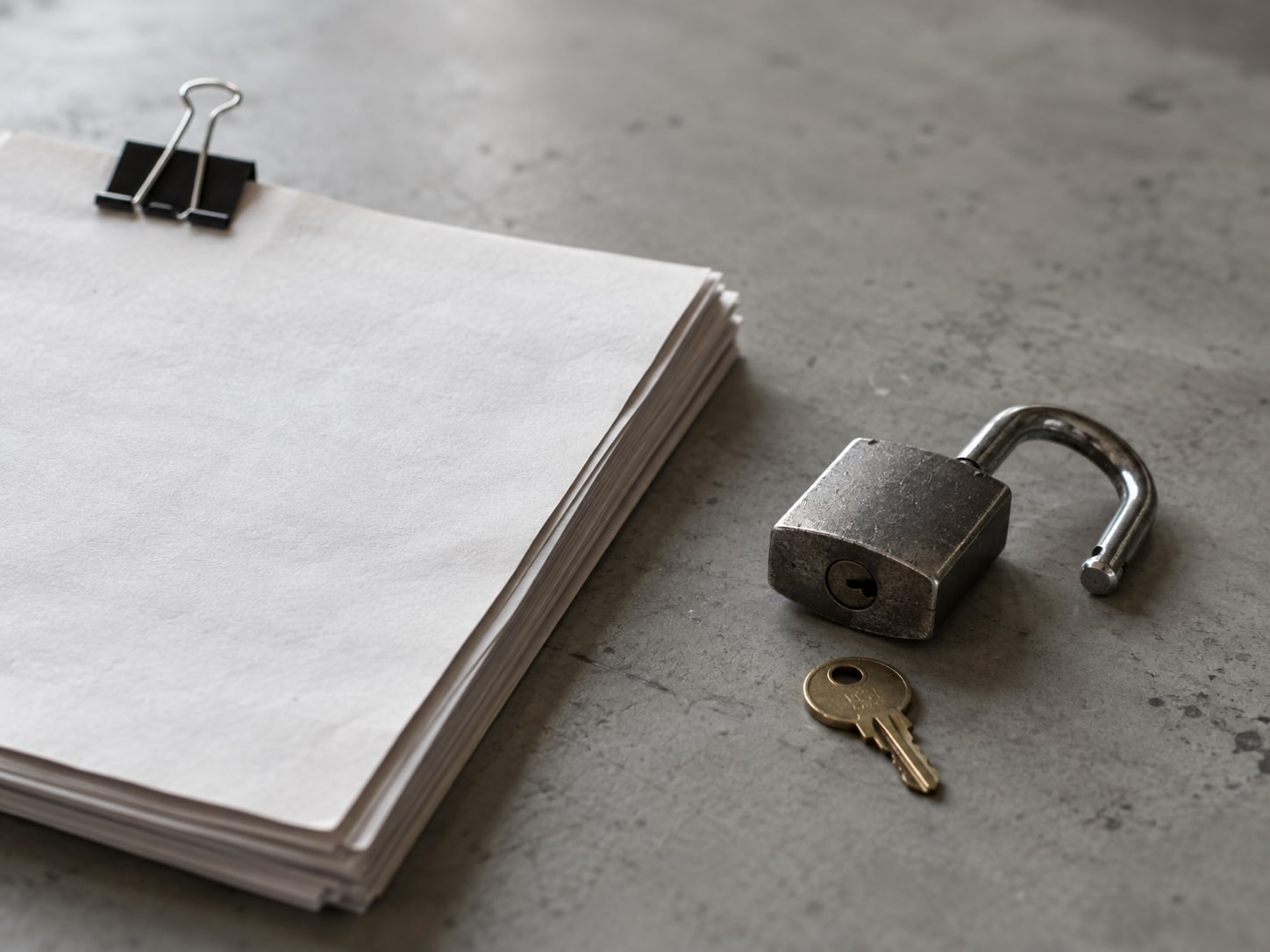 A padlock lying open beside a small brass key on a plain table.