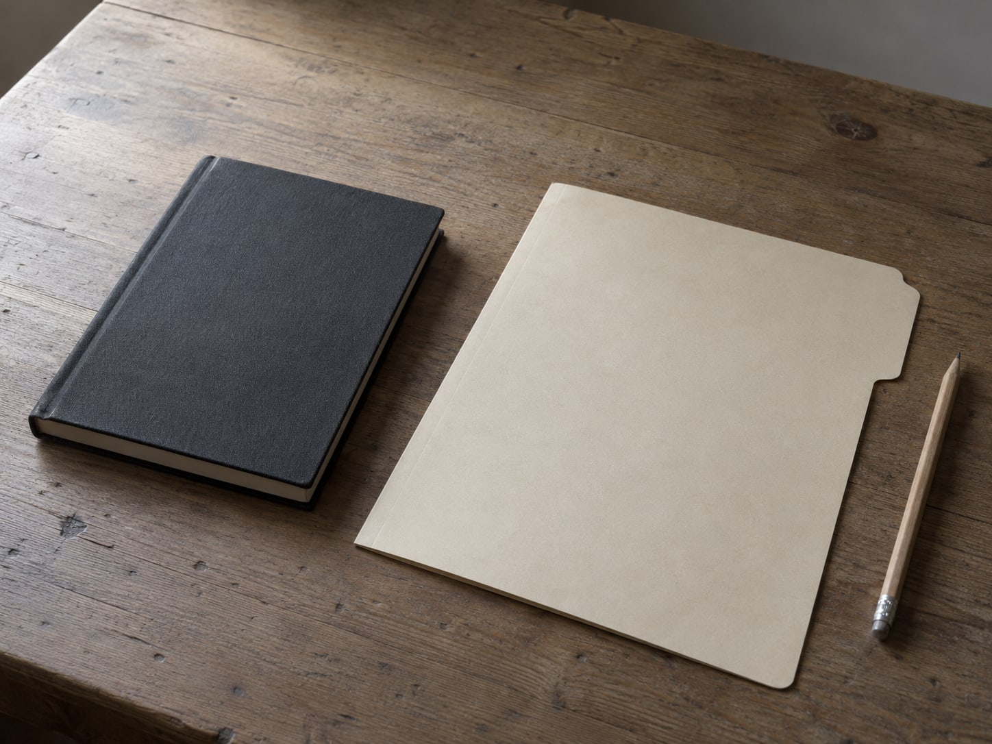 A closed notebook beside a blank folder and a pencil on a plain wooden desk.