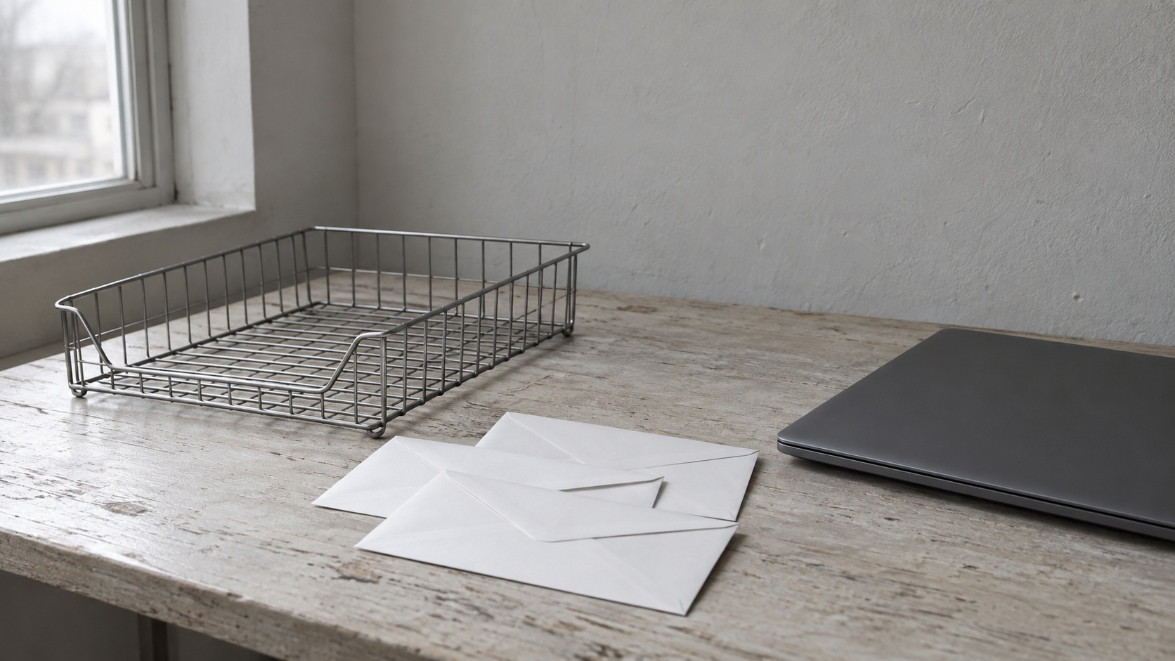 Una laptop cerrada junto a una bandeja de alambre vacía para cartas y algunos sobres en blanco sobre un escritorio de madera liso.