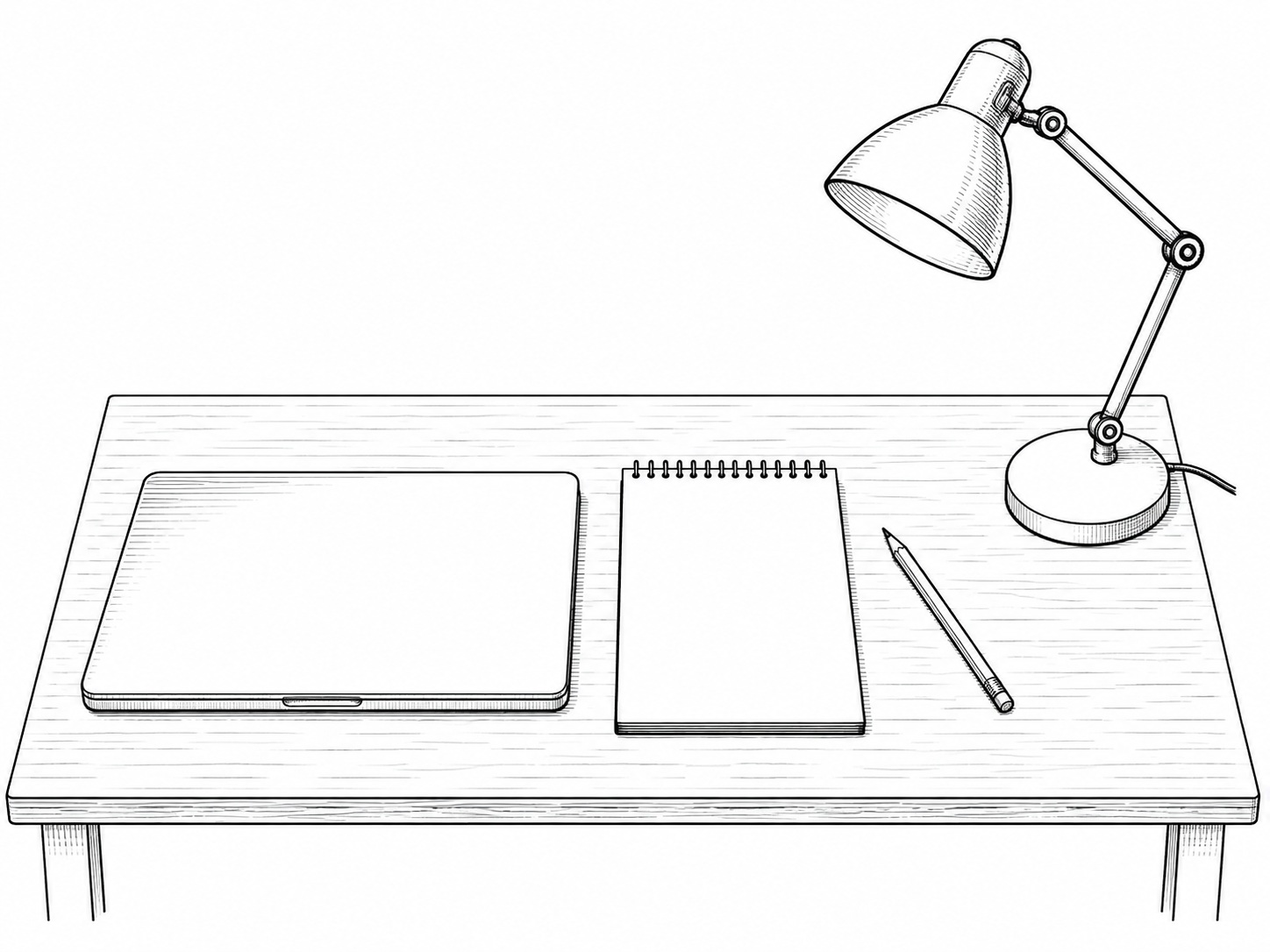 A closed laptop beside a blank notepad and a pencil on a plain oak desk, lit by a single desk lamp.