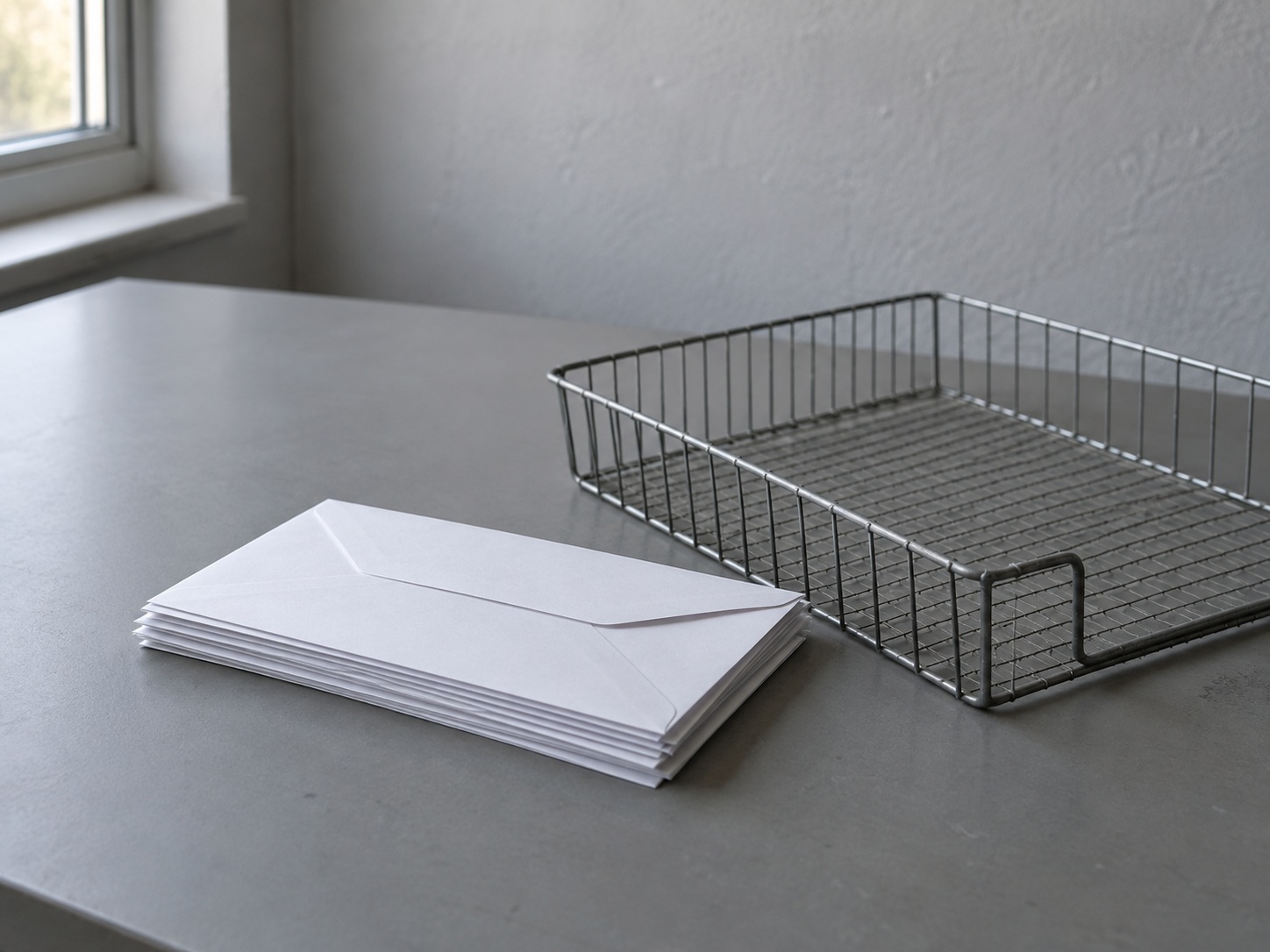 A stack of blank white envelopes beside an empty wire letter tray on a gray desk.