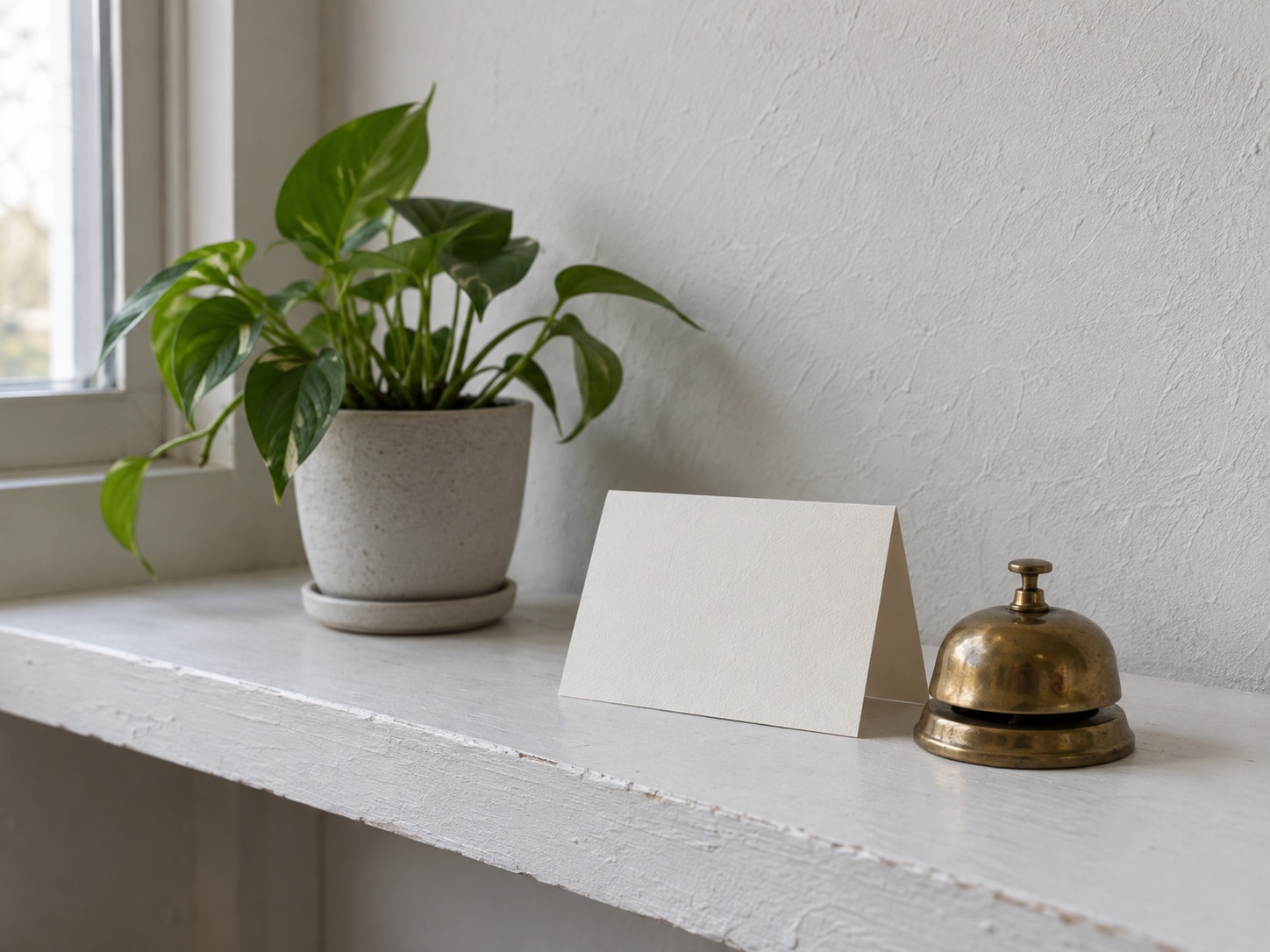 A small brass bell and a folded blank card on a white shelf beside a potted plant.
