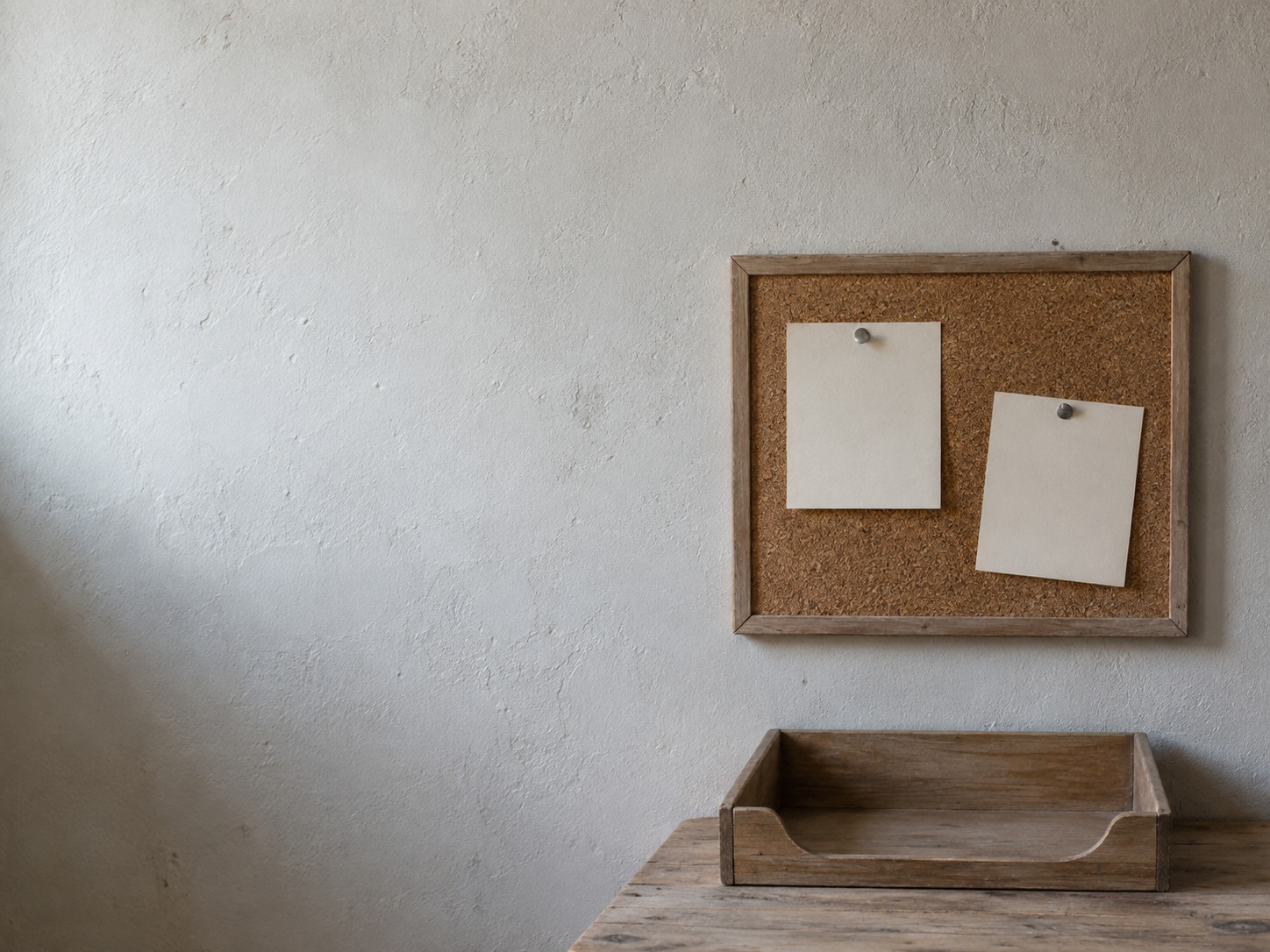 Un pequeño corcho en una pared con dos notas de papel en blanco prendidas junto a una bandeja de entrada de madera vacía.