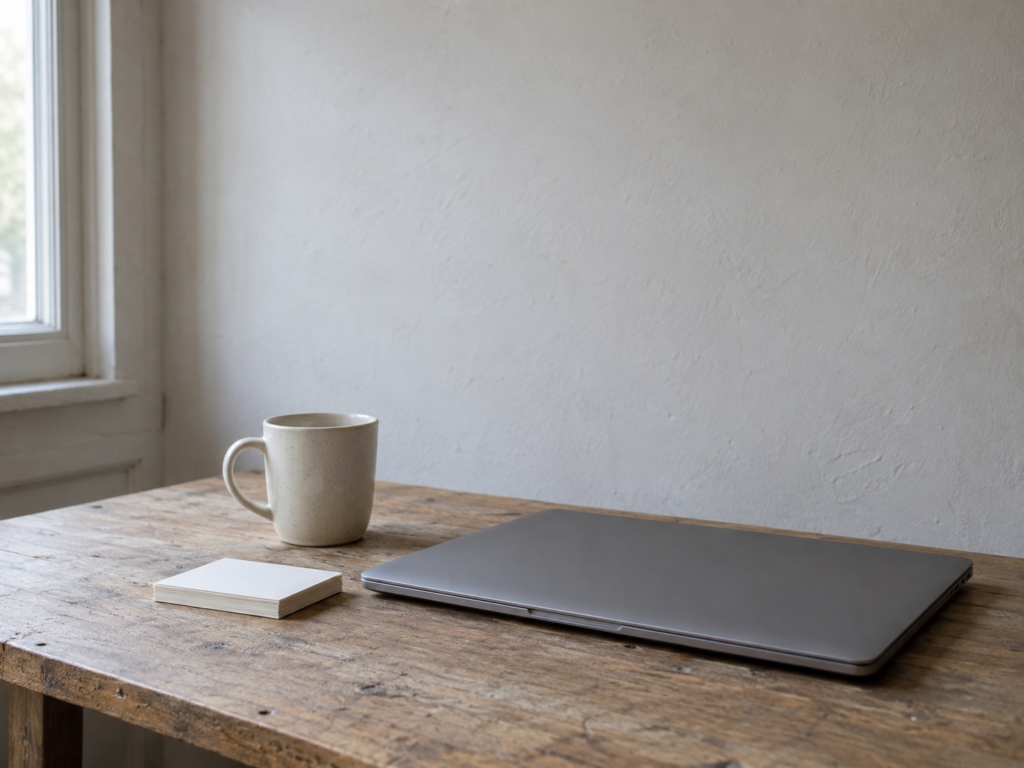 Una laptop cerrada sobre un escritorio de madera ordenado junto a una pequeña pila de tarjetas en blanco y una taza de cerámica.