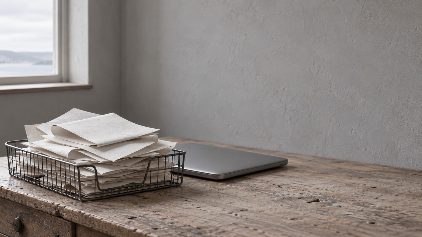 A wire letter tray overflowing with blank folded sheets beside a closed laptop on a desk.