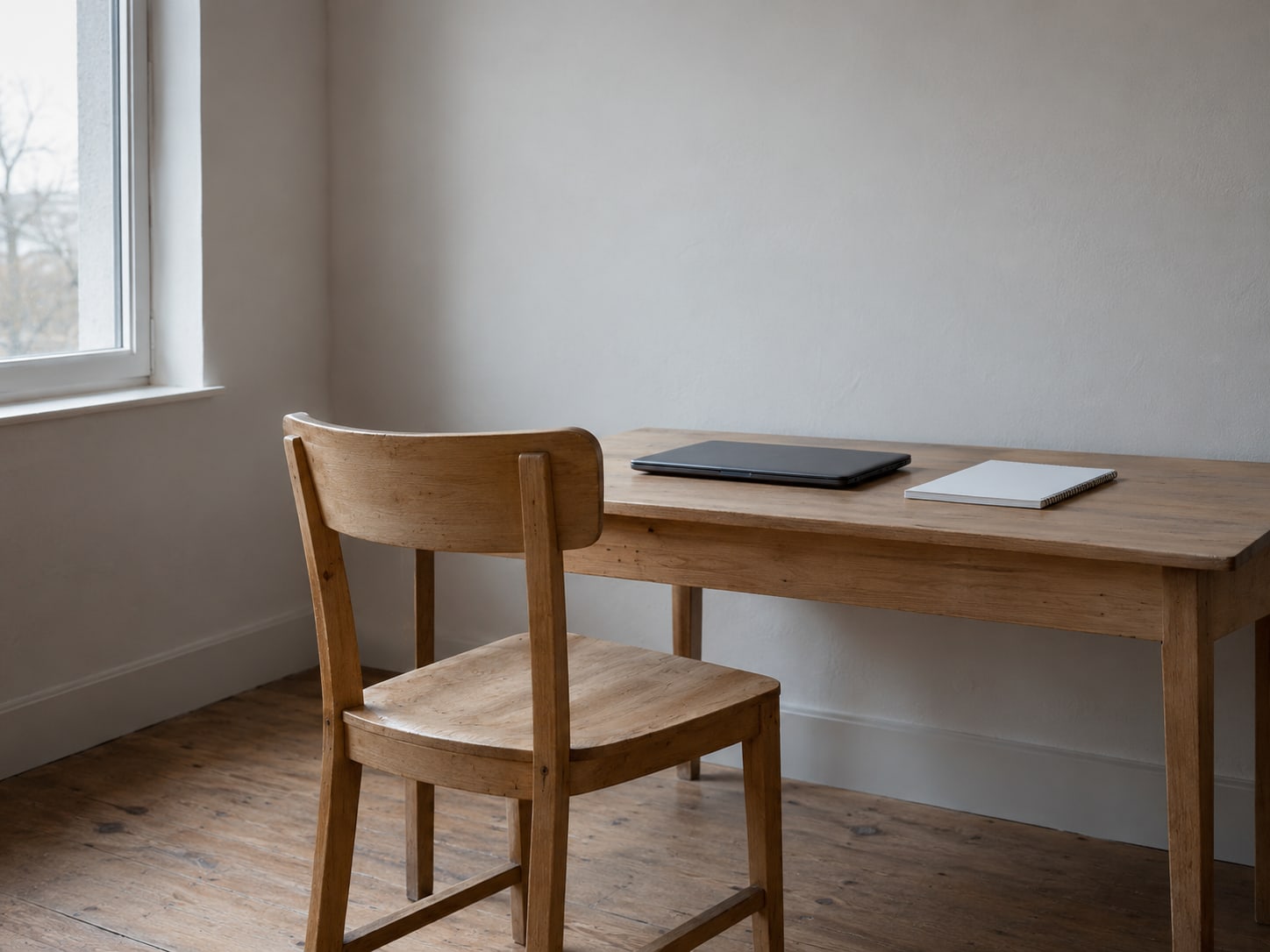 A single wooden chair facing an empty desk with a closed laptop and a blank notepad.