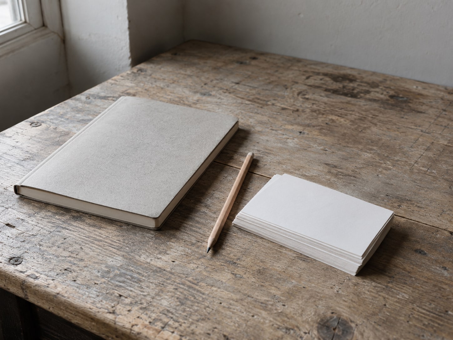 A closed notebook and a pencil beside a small stack of blank index cards on a wooden desk.