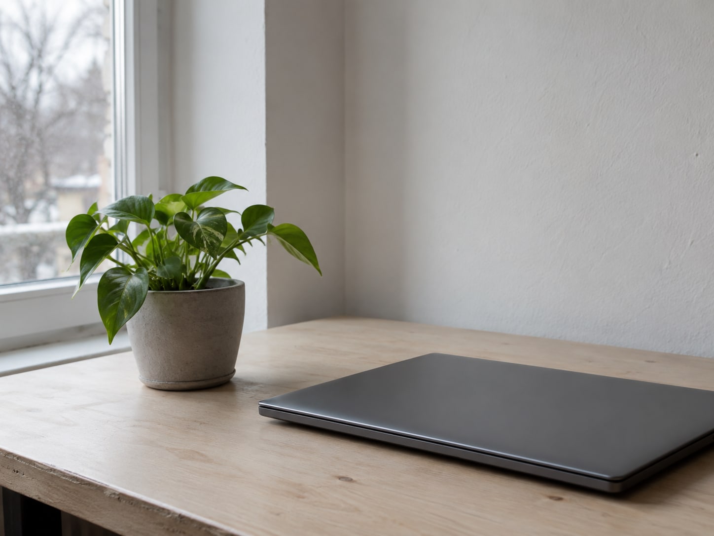 A small potted plant beside a closed laptop on a clean wooden desk near a window.