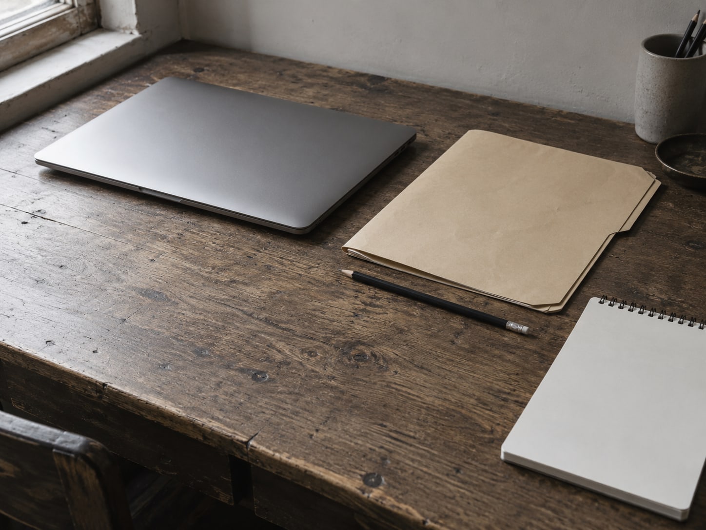 A closed laptop beside a manila folder and a pencil on a worn wooden desk, with a blank notepad off to one side.