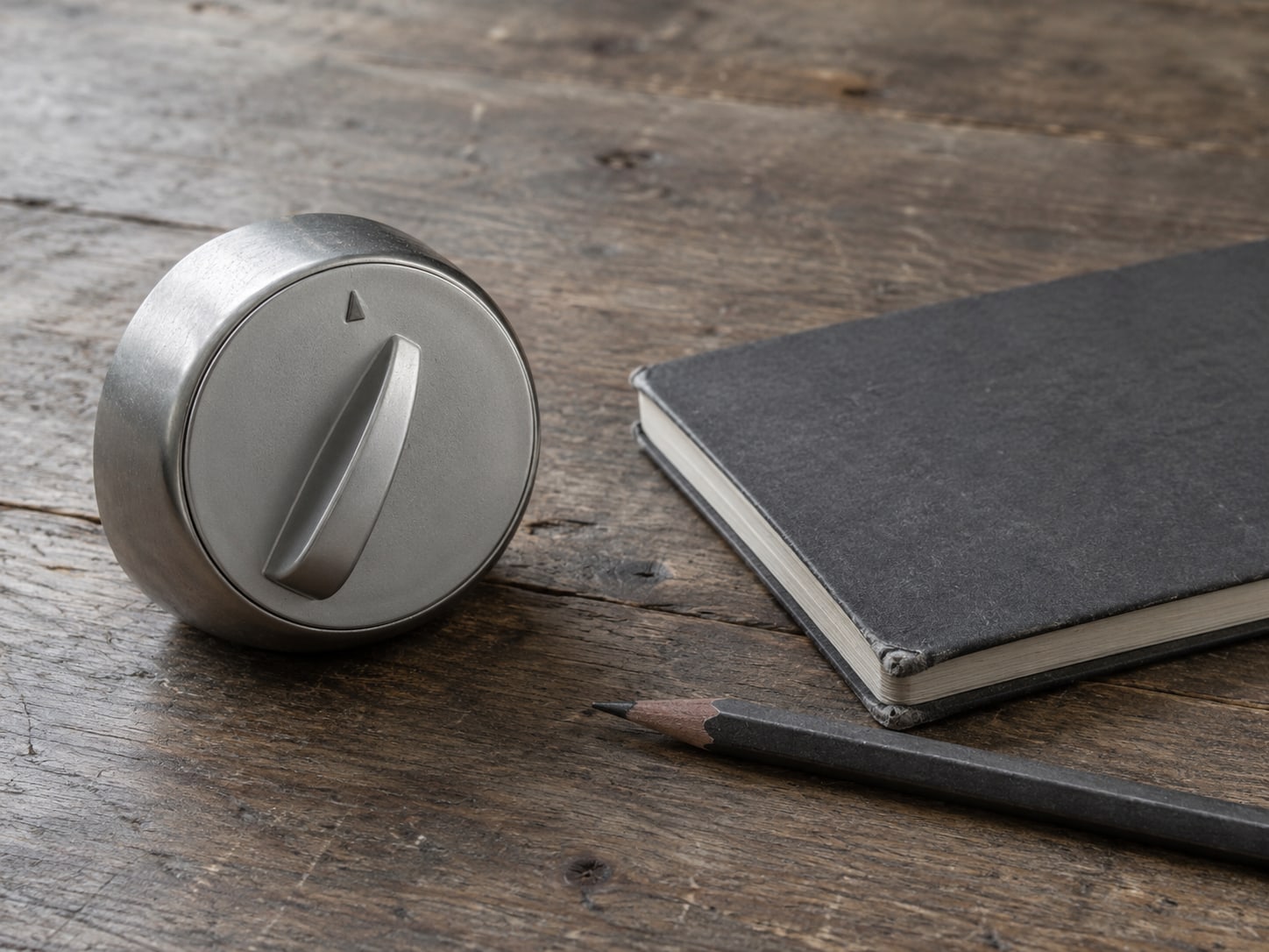 A kitchen timer set to a short interval beside a closed notebook and a pencil on a plain wooden table.