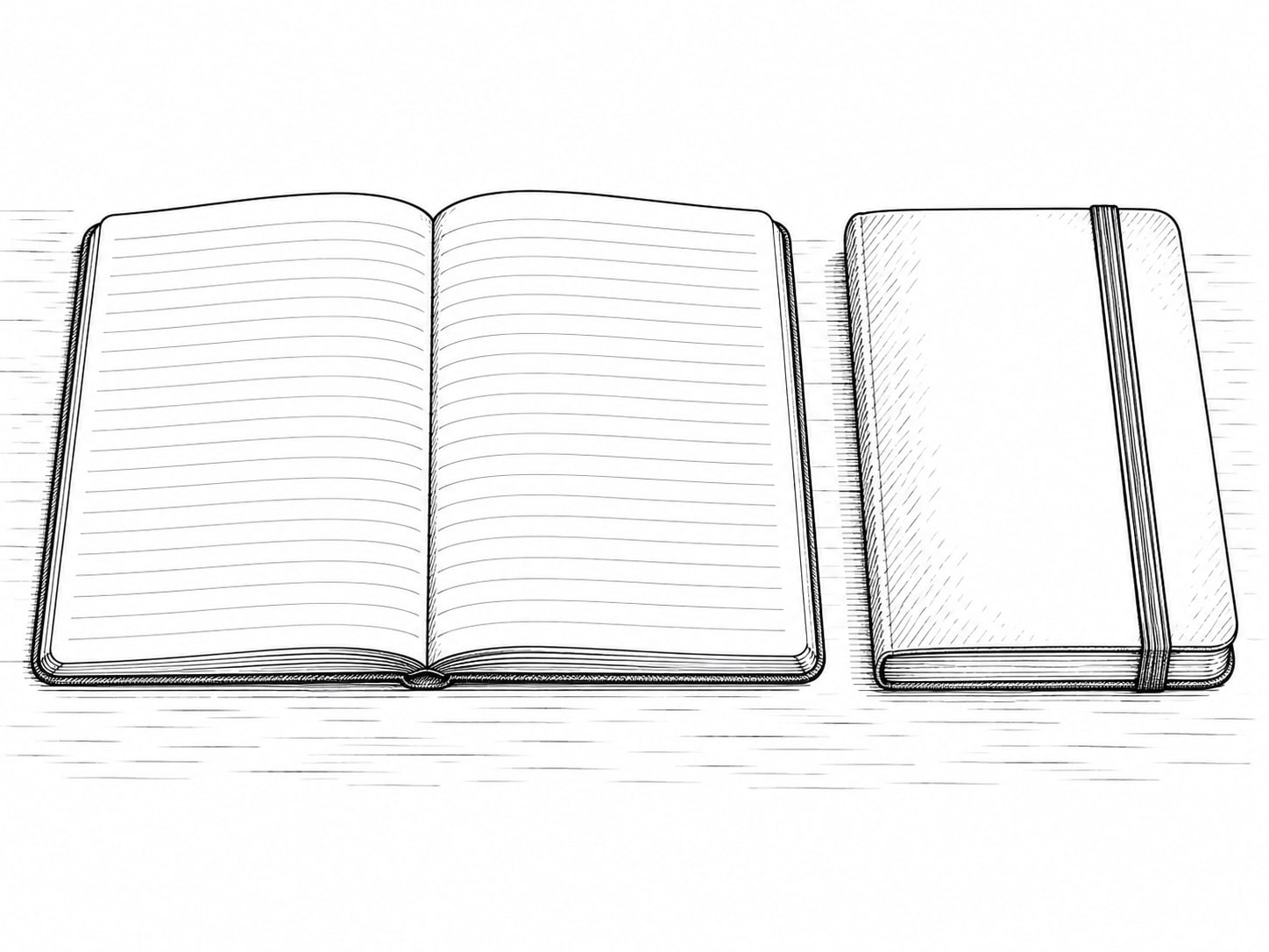 Two paper notebooks side by side on a desk, one open to blank lined pages and one closed with a rubber band around it.