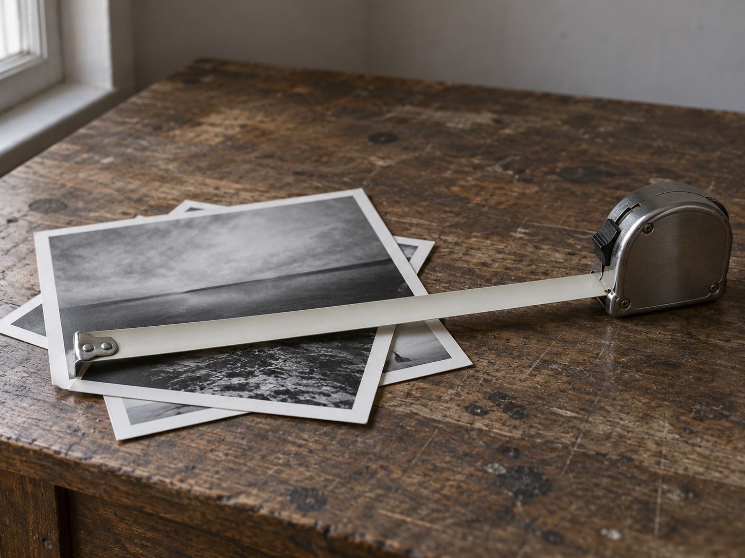 A tape measure lying across a small stack of unmarked photo prints on a worn wooden desk.