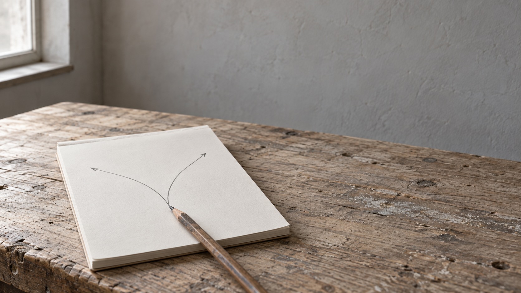 A notepad on a wooden desk with a pencil line that splits into two paths, the pencil resting on it.