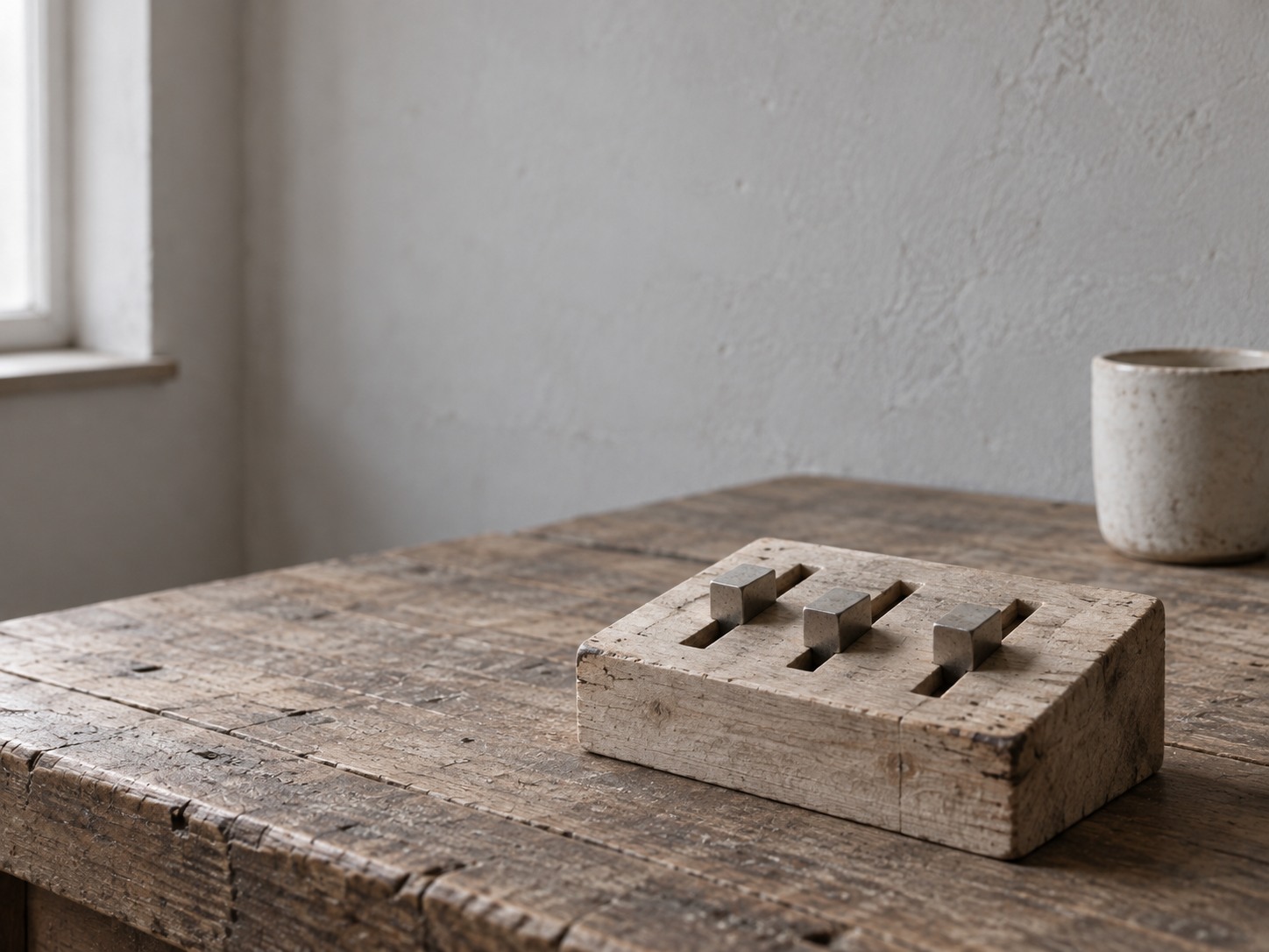 A small wooden block with three sliders, like simple settings, on a wooden desk beside a mug.