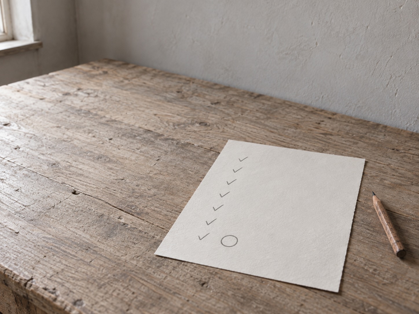 A single sheet of paper with seven short questions, most answers ticked in one column and one circled in the other.
