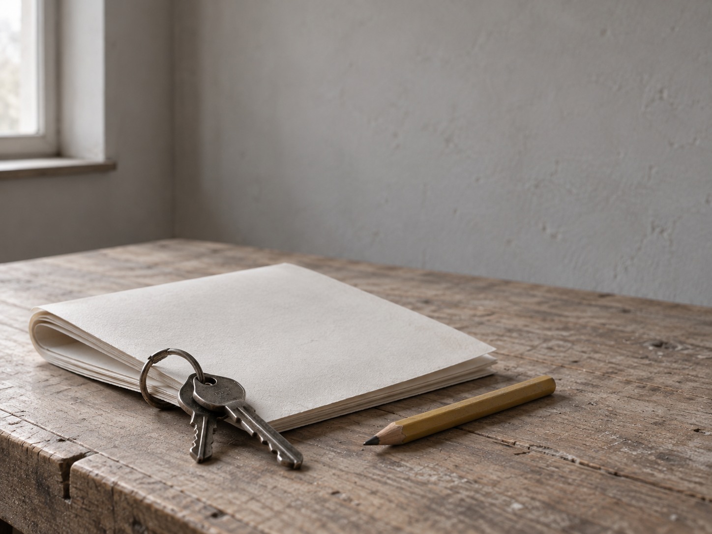 A closed booklet with a set of keys and a pencil resting beside it on a wooden desk.
