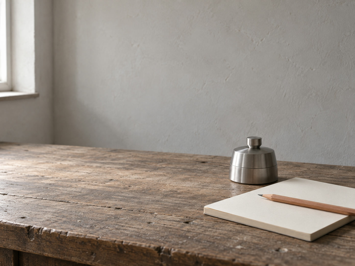 A kitchen timer set on a wooden desk beside a blank notepad and a sharpened pencil.