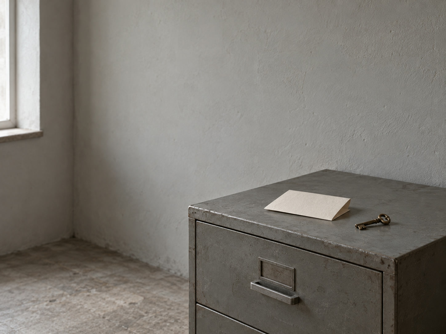 A closed filing cabinet with a small brass key resting on top, beside a folded blank sheet of paper.