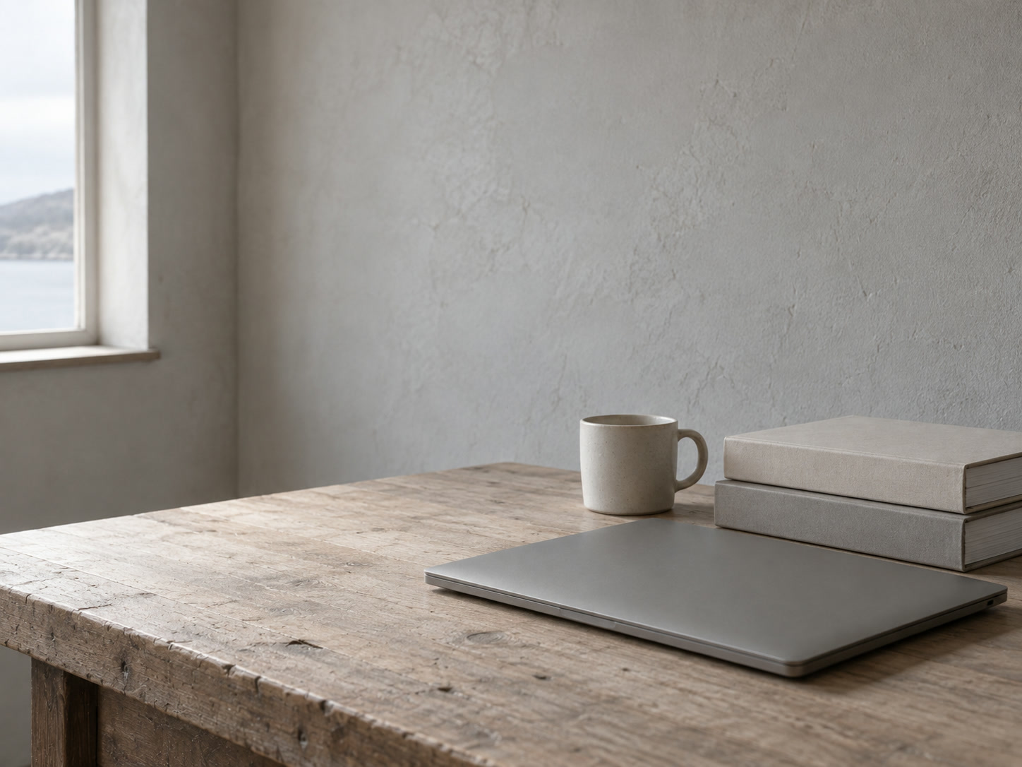 A closed laptop beside a neat stack of blank binders and a single coffee mug on a quiet office desk.