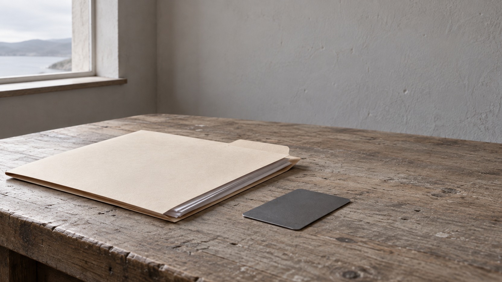 A plain manila folder holding blank sheets beside a payment card lying face down on a wooden desk.