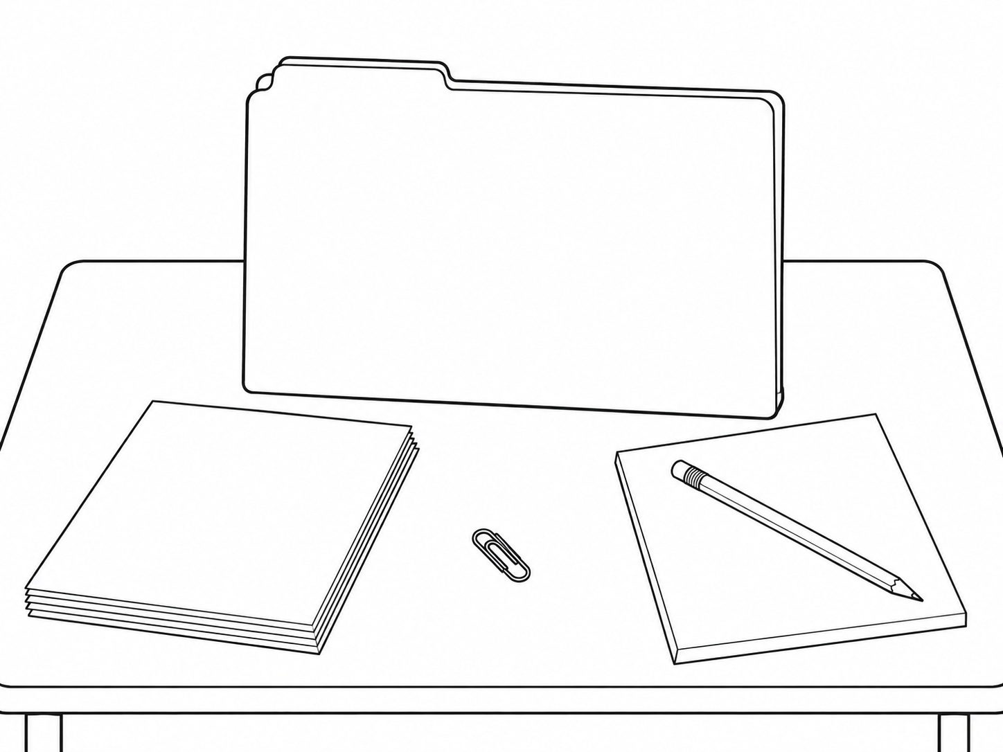 A plain manila folder on a desk beside a short stack of blank paper, a paper clip and a pencil lying across a notepad with faint handwritten marks.