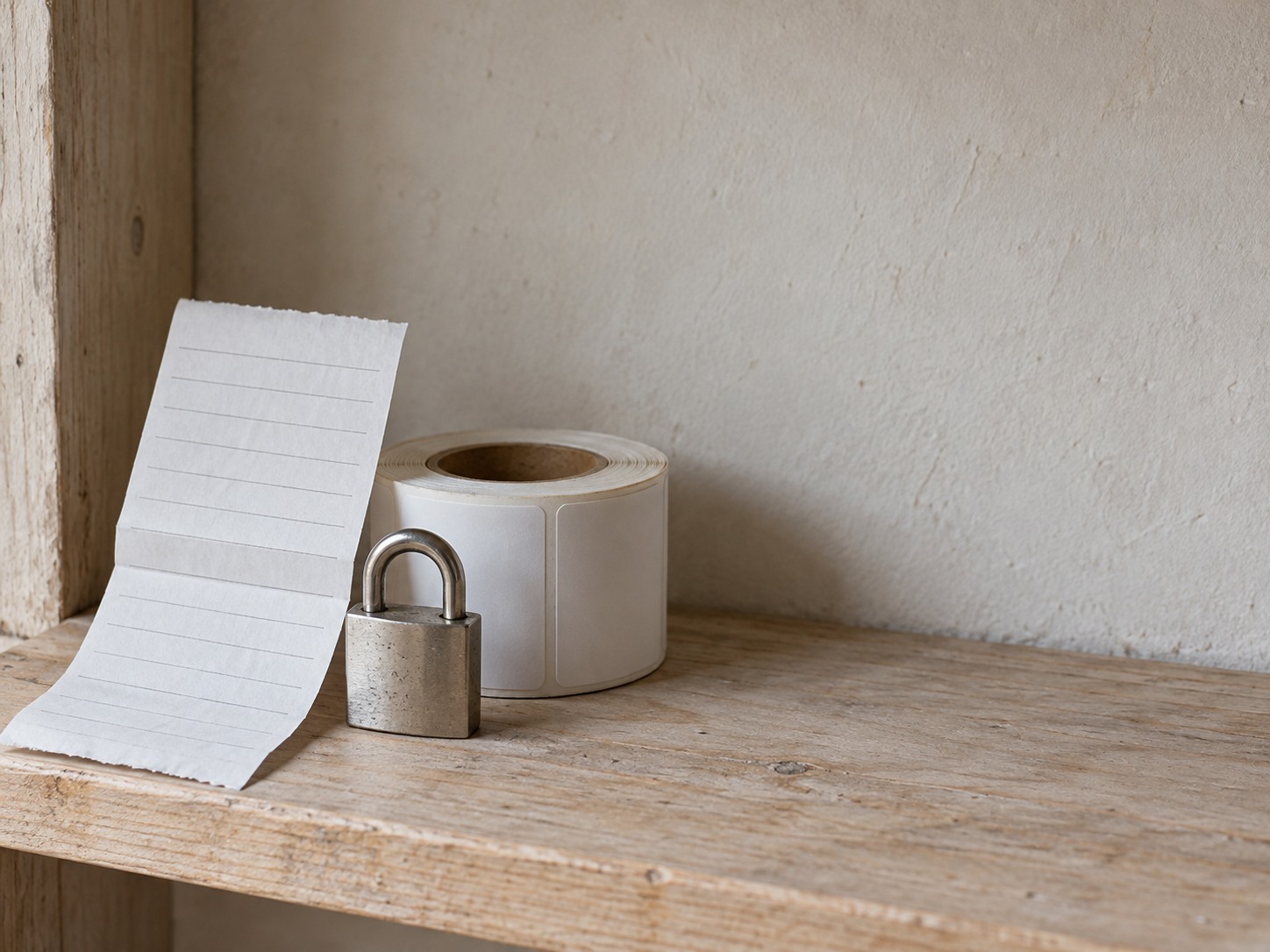A folded paper receipt with blank lines, a small padlock and a roll of shipping labels with no printing, arranged on a light wooden shelf.