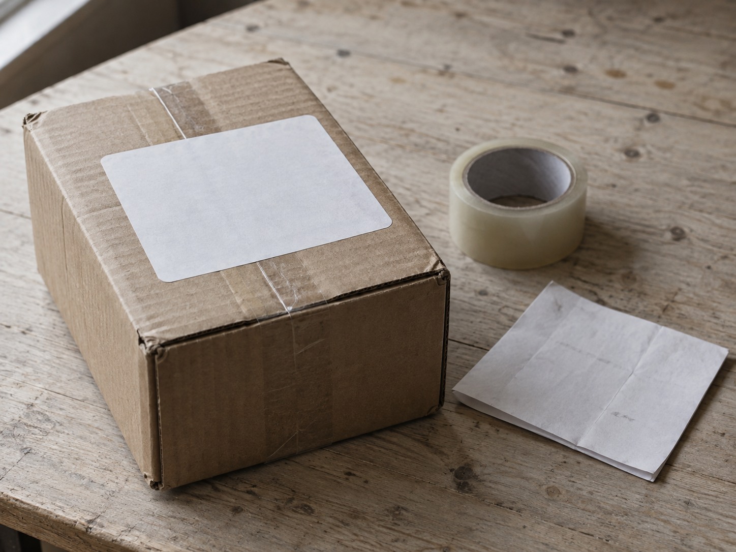 A sealed cardboard parcel with a blank shipping label, a roll of packing tape and a folded delivery slip covered in faint pencil marks on a plain table.