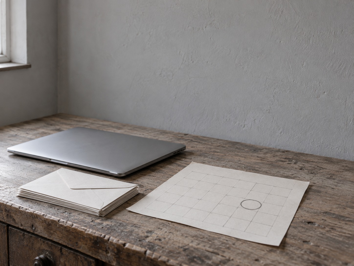 A closed laptop beside a small stack of unopened envelopes and a wall calendar page with one square circled in pencil, on a worn wooden desk.