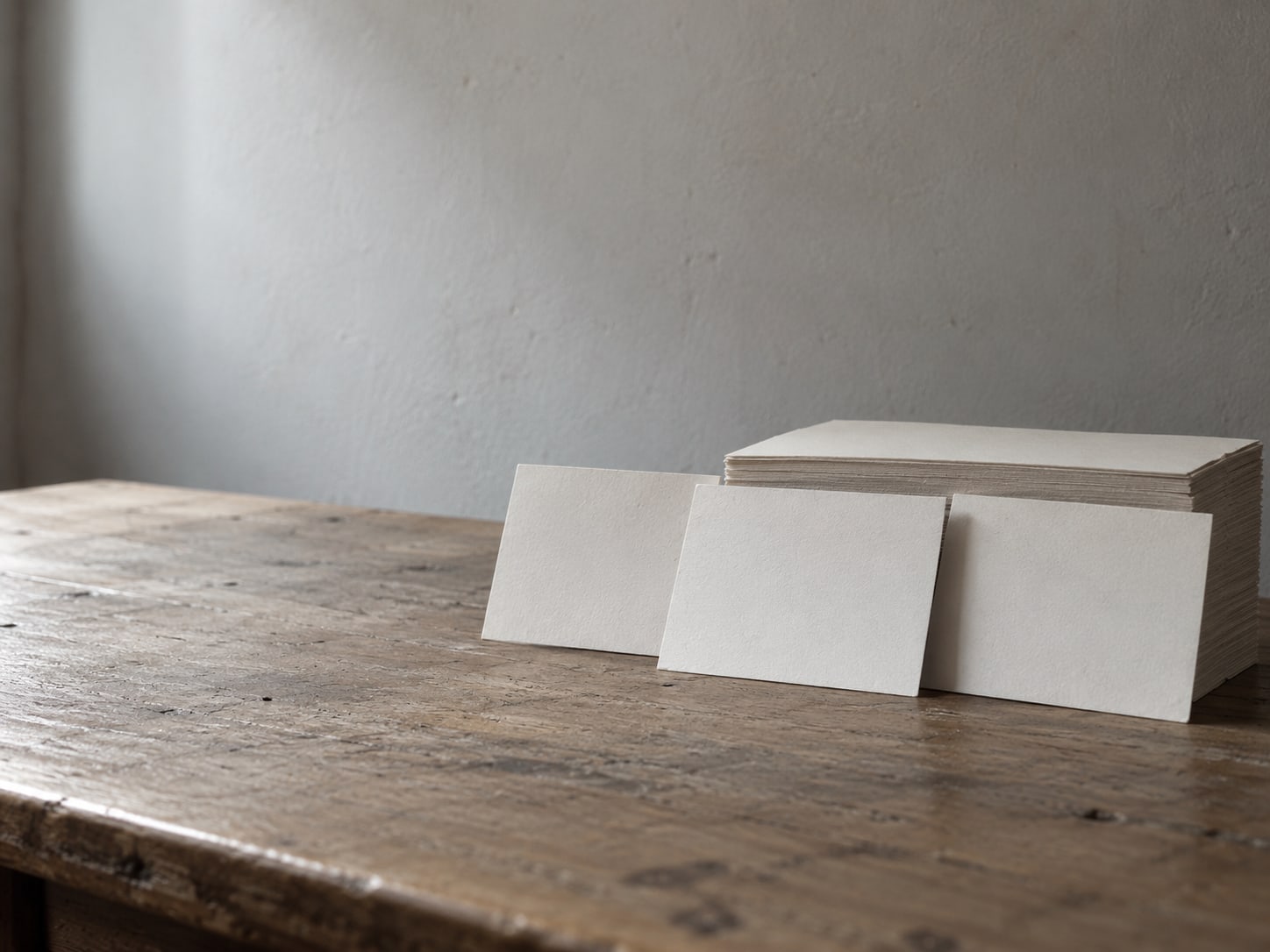 A tidy row of three blank cards propped against a stack of paper on a desk, the middle card slightly forward.