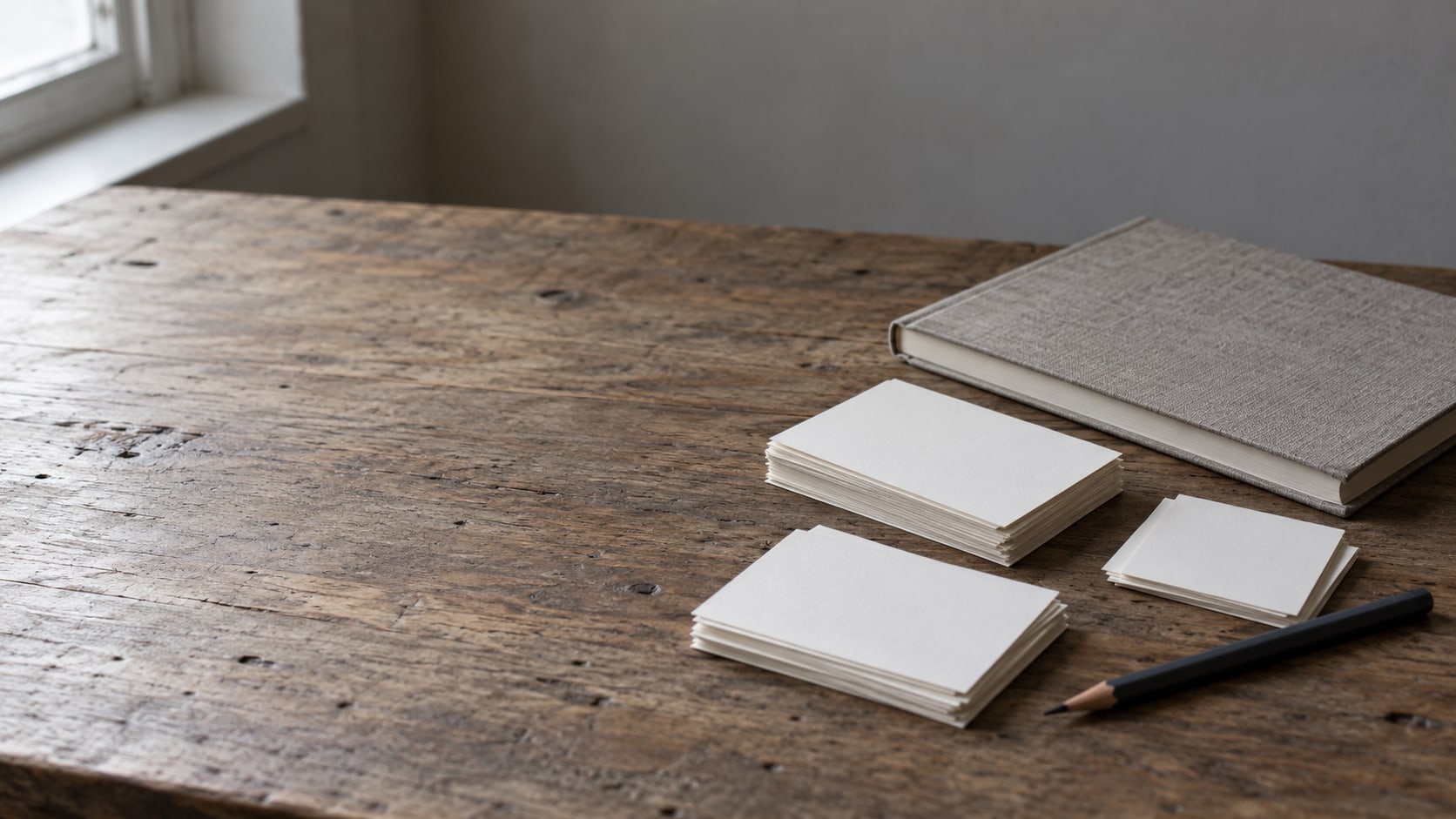 Index cards sorted into small piles on a wooden desk beside a closed notebook and a pencil.